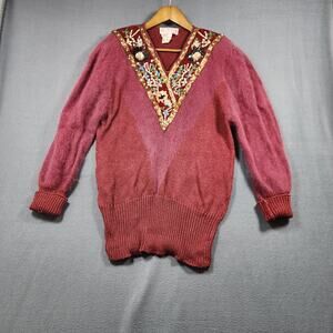 Vintage 80s Shannan Womens Sweater Large Angora Wool Garnet Red Sequin Beaded